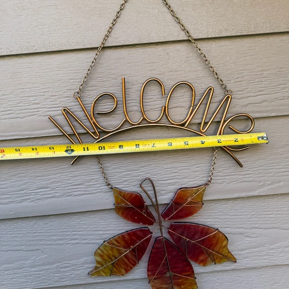 Copper Welcome Sign With Glass Maple Leaf Rustic Country Handmade Artisan Pretty